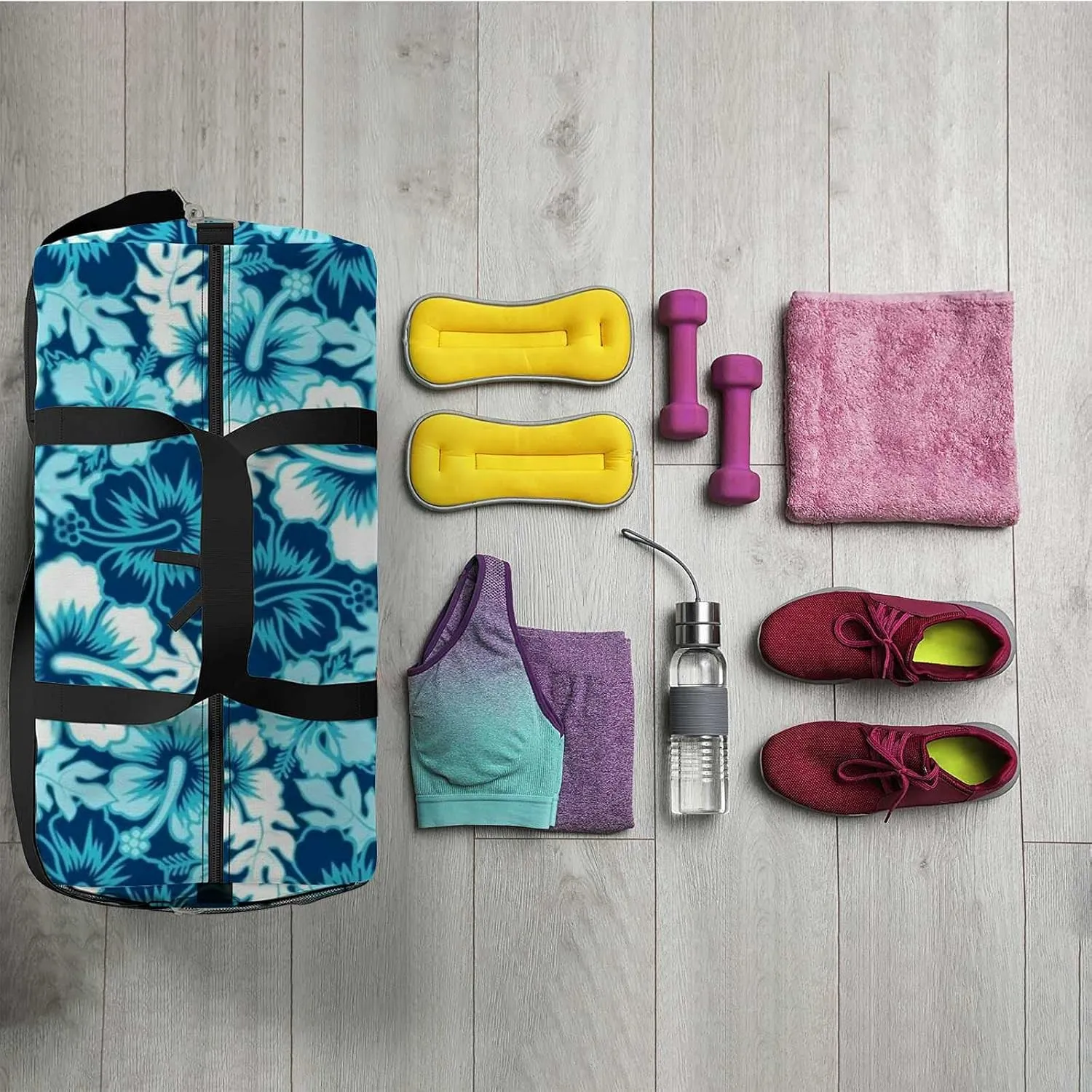Blue Hibiscus Flower Sports Duffel Bag Travel Gym Tote Bags Lightweight Durable Shoulder Strap Waterproof Polyester Outside Mesh Pocket Overnight Trip Duffel Bag for Women Men