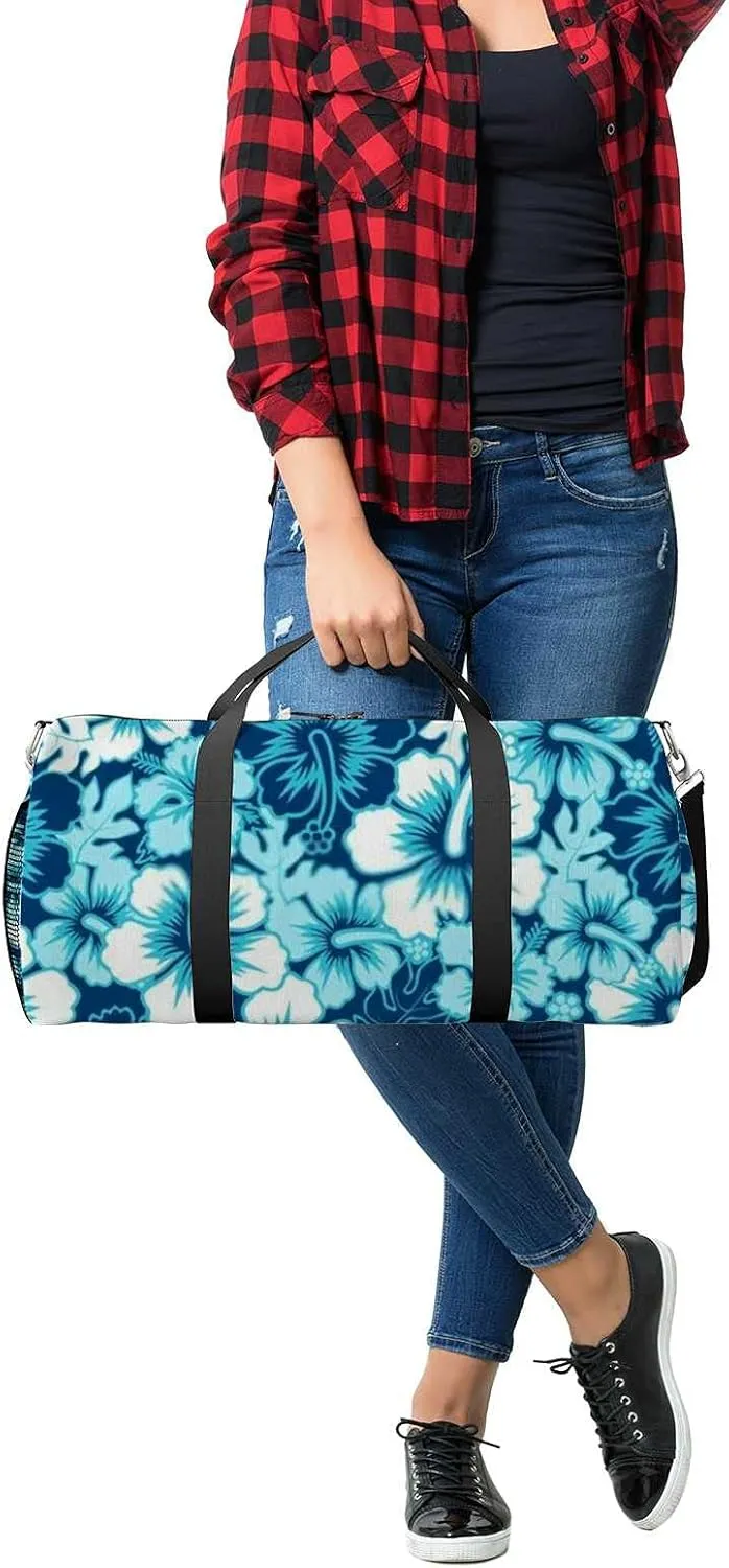Blue Hibiscus Flower Sports Duffel Bag Travel Gym Tote Bags Lightweight Durable Shoulder Strap Waterproof Polyester Outside Mesh Pocket Overnight Trip Duffel Bag for Women Men