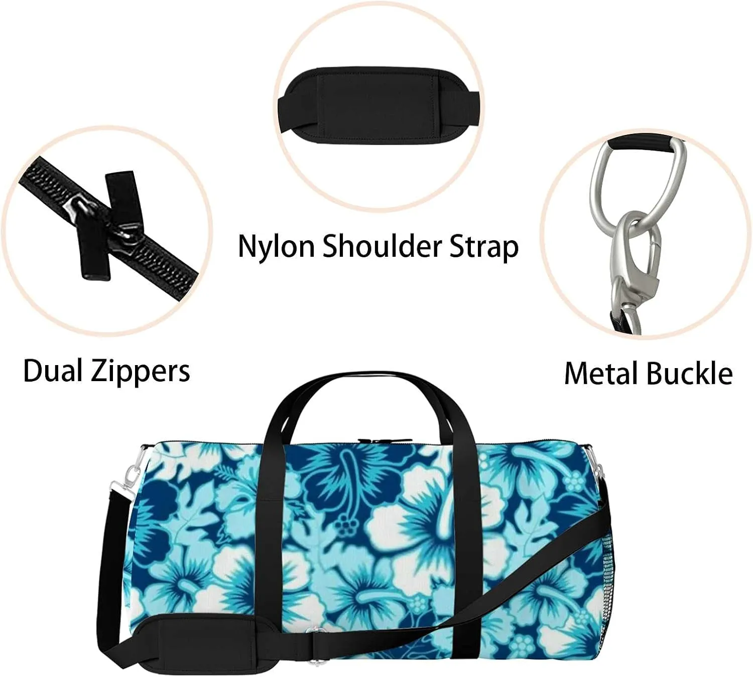 Blue Hibiscus Flower Sports Duffel Bag Travel Gym Tote Bags Lightweight Durable Shoulder Strap Waterproof Polyester Outside Mesh Pocket Overnight Trip Duffel Bag for Women Men