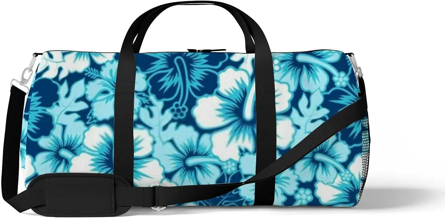 Blue Hibiscus Flower Sports Duffel Bag Travel Gym Tote Bags Lightweight Durable Shoulder Strap Waterproof Polyester Outside Mesh Pocket Overnight Trip Duffel Bag for Women Men