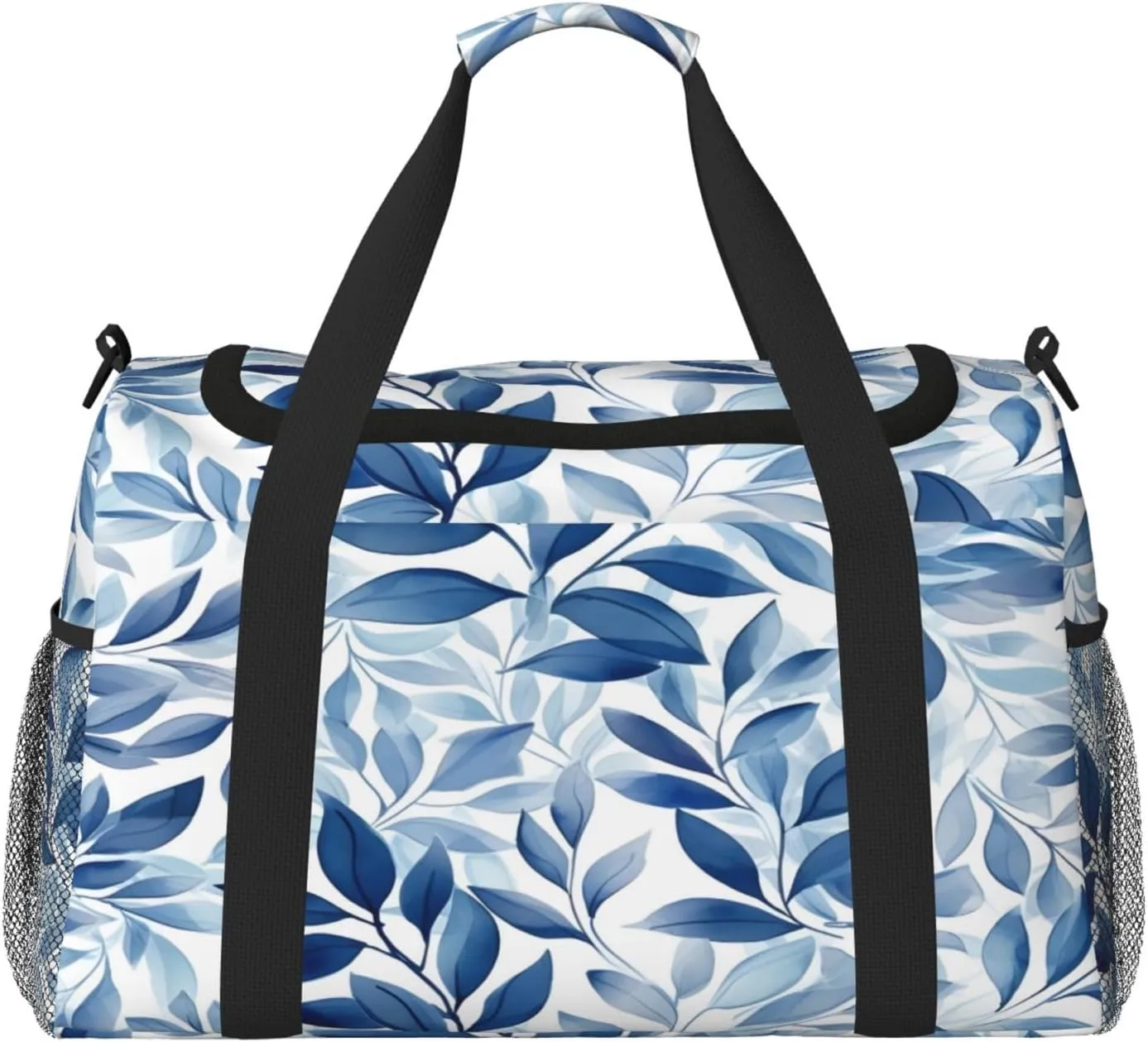 Blue Leaves Pattern Travel Duffel Bag with Strap Multi Pockets Sports Bag Handbag Large Shoulder Bag for Gym Weekend Fitness Camping