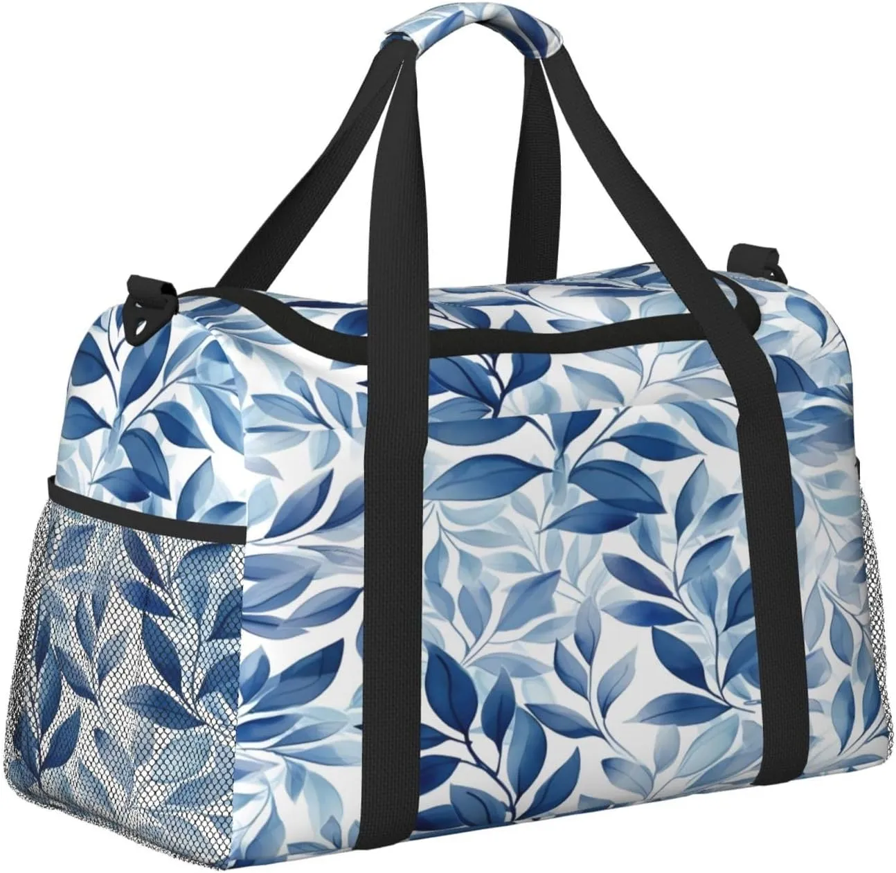 Blue Leaves Pattern Travel Duffel Bag with Strap Multi Pockets Sports Bag Handbag Large Shoulder Bag for Gym Weekend Fitness Camping