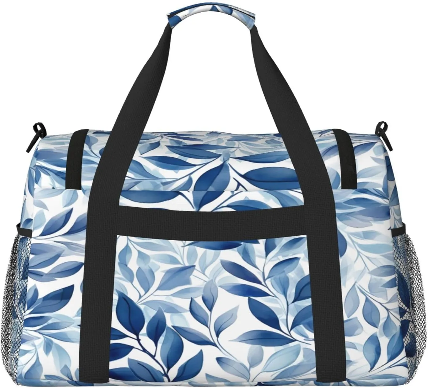 Blue Leaves Pattern Travel Duffel Bag with Strap Multi Pockets Sports Bag Handbag Large Shoulder Bag for Gym Weekend Fitness Camping