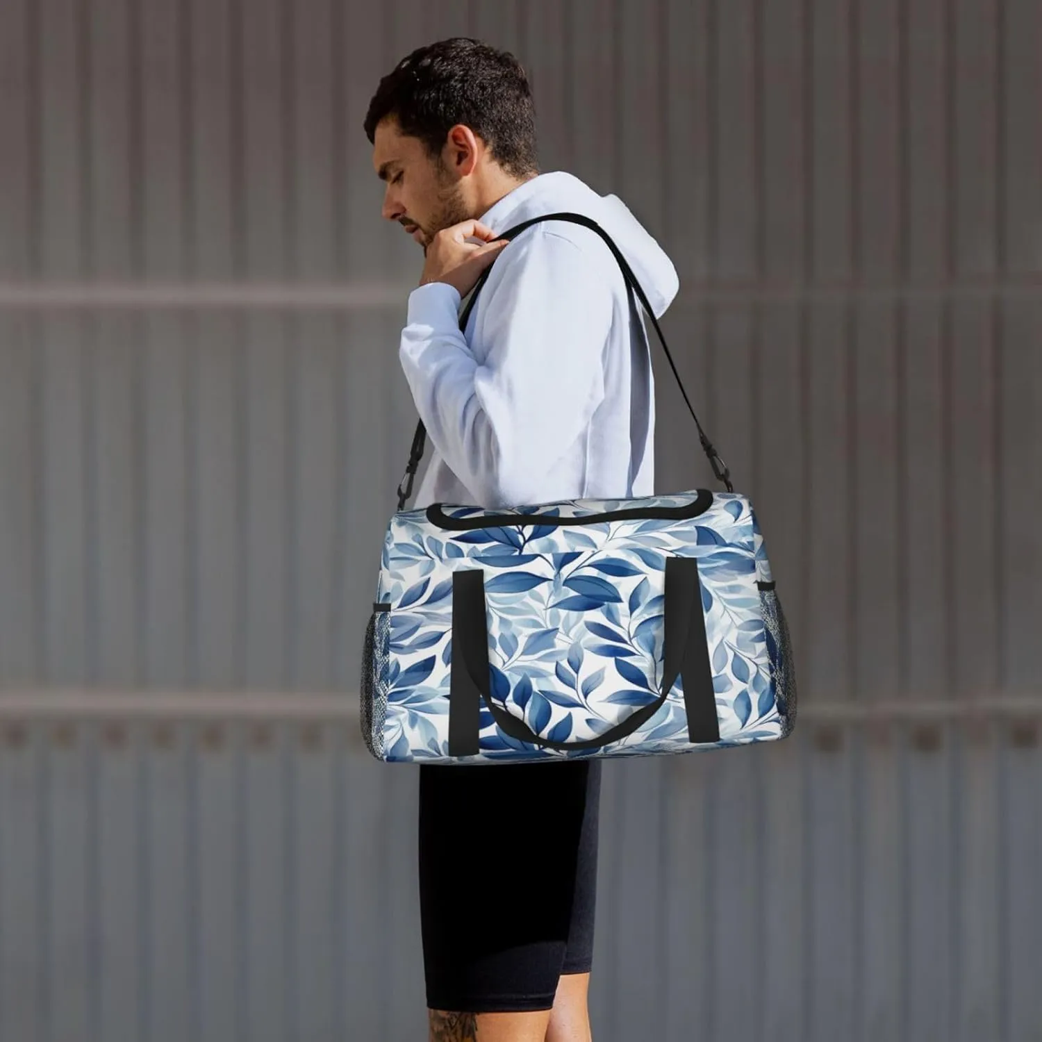 Blue Leaves Pattern Travel Duffel Bag with Strap Multi Pockets Sports Bag Handbag Large Shoulder Bag for Gym Weekend Fitness Camping