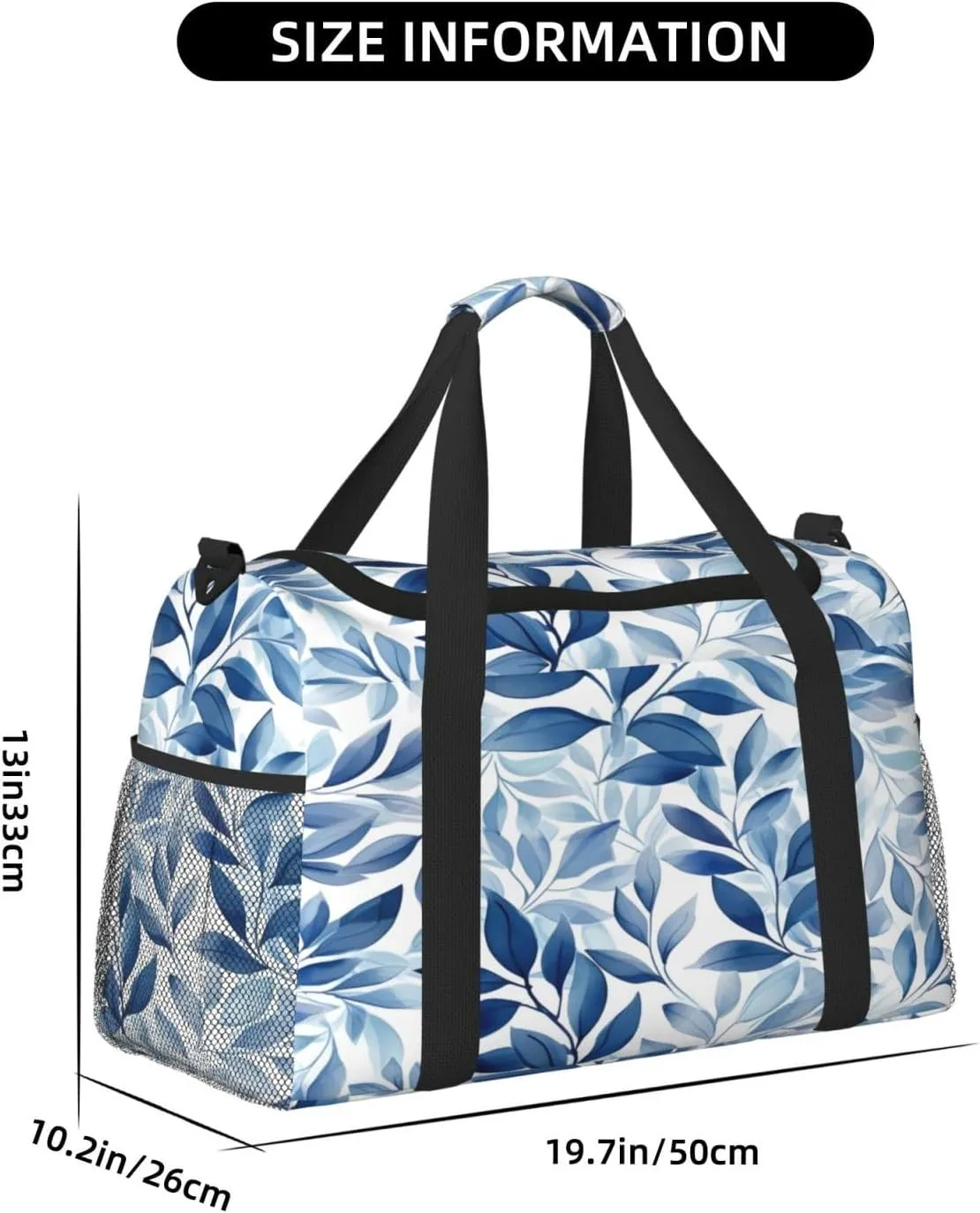 Blue Leaves Pattern Travel Duffel Bag with Strap Multi Pockets Sports Bag Handbag Large Shoulder Bag for Gym Weekend Fitness Camping