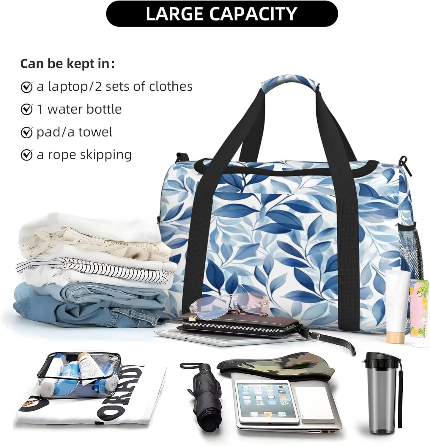 Blue Leaves Pattern Travel Duffel Bag with Strap Multi Pockets Sports Bag Handbag Large Shoulder Bag for Gym Weekend Fitness Camping