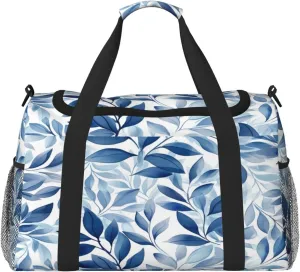 Blue Leaves Pattern Travel Duffel Bag with Strap Multi Pockets Sports Bag Handbag Large Shoulder Bag for Gym Weekend Fitness Camping