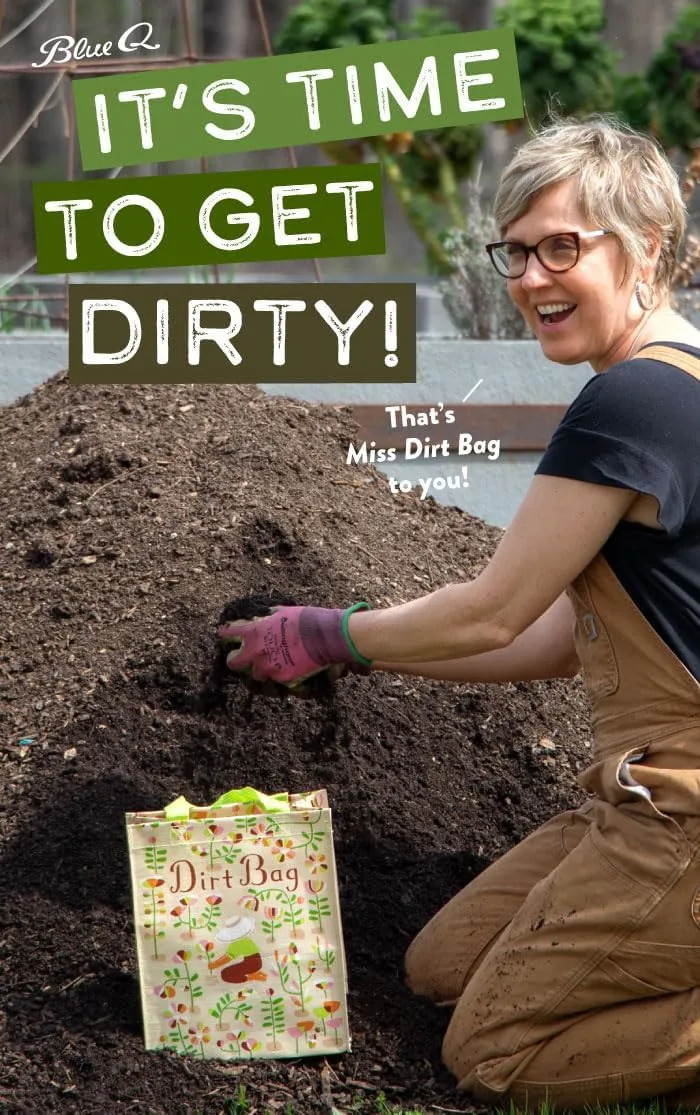 Blue Q Handy Tote, Dirt Bag. Reusable lunch sack, little gift bag for gardeners or plant lovers, easy-to-wipe-clean, 95% recycled material, 10" h x 8.5" w x 4.5" d