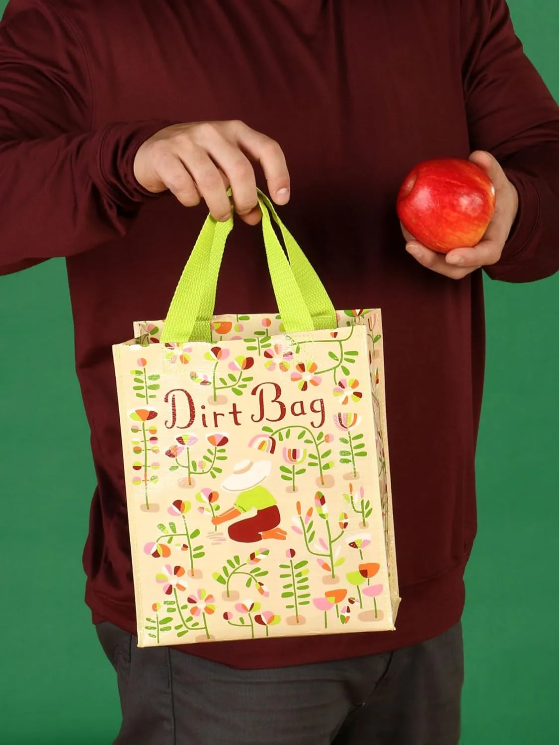 Blue Q Handy Tote, Dirt Bag. Reusable lunch sack, little gift bag for gardeners or plant lovers, easy-to-wipe-clean, 95% recycled material, 10" h x 8.5" w x 4.5" d