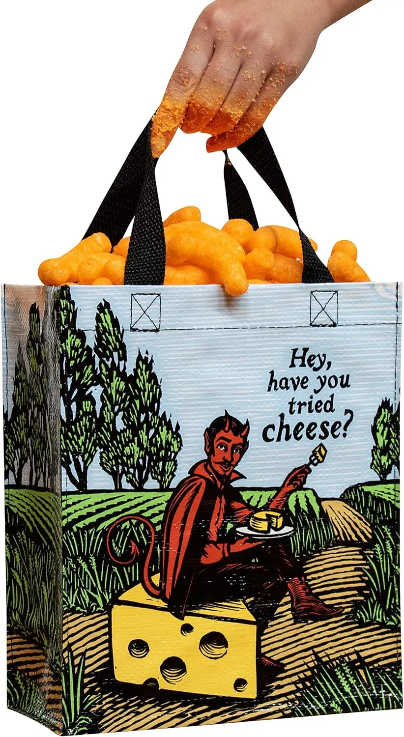 Blue Q Handy Tote Hey, Have You Tried Cheese? Reusable lunch sack, gift bag, easy-to-wipe-clean, 95% recycled material, 10" h x 8.5" w x 4.5" d