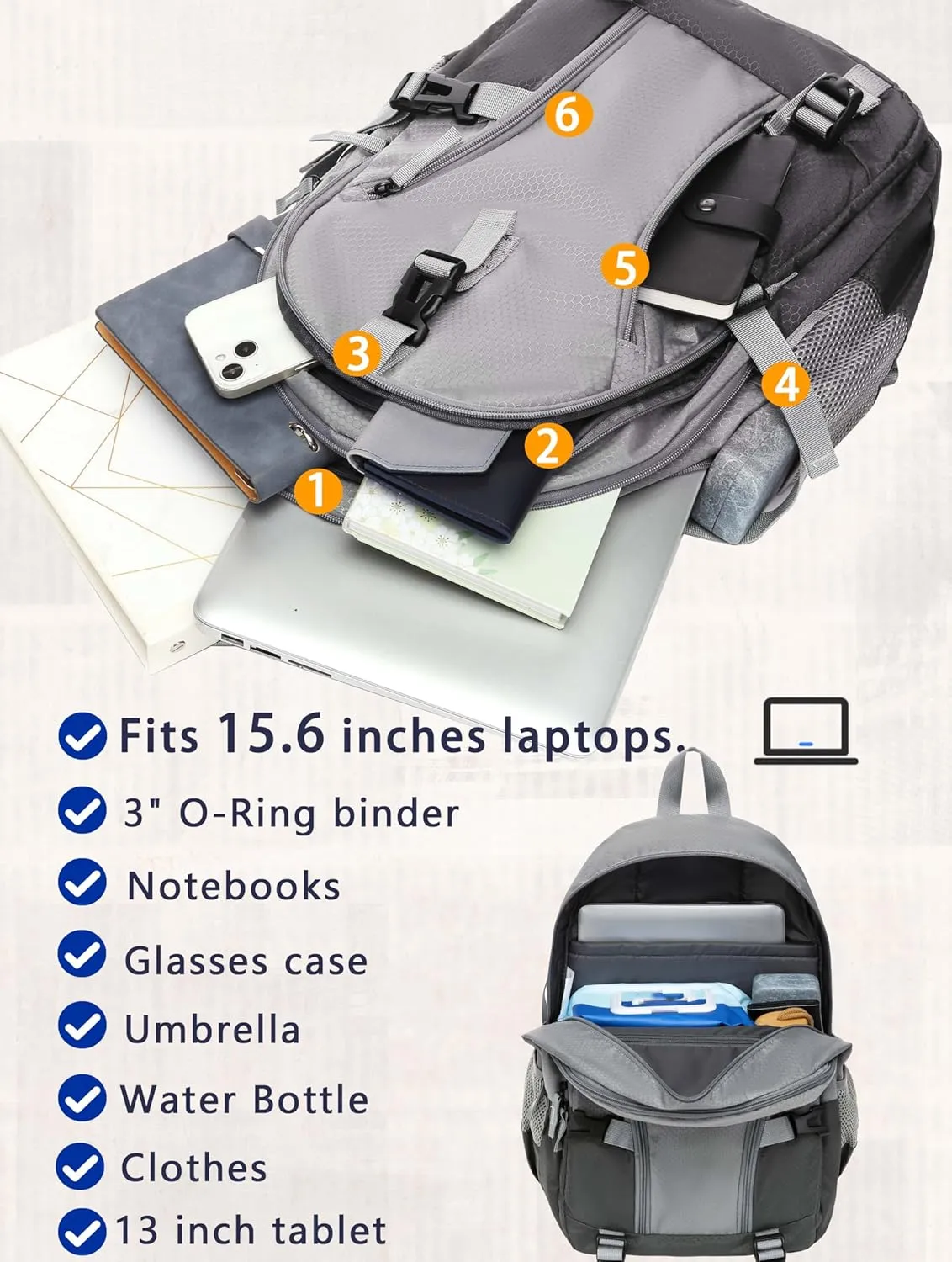 BLUEFAIRY Book Bags for Teens Boys Girls Backpack for High School College Laptop Casual Daypack with Lots of Pockets for Teenagers Adults Women Men Mochila Escolar para Adolescentes 18" Grey