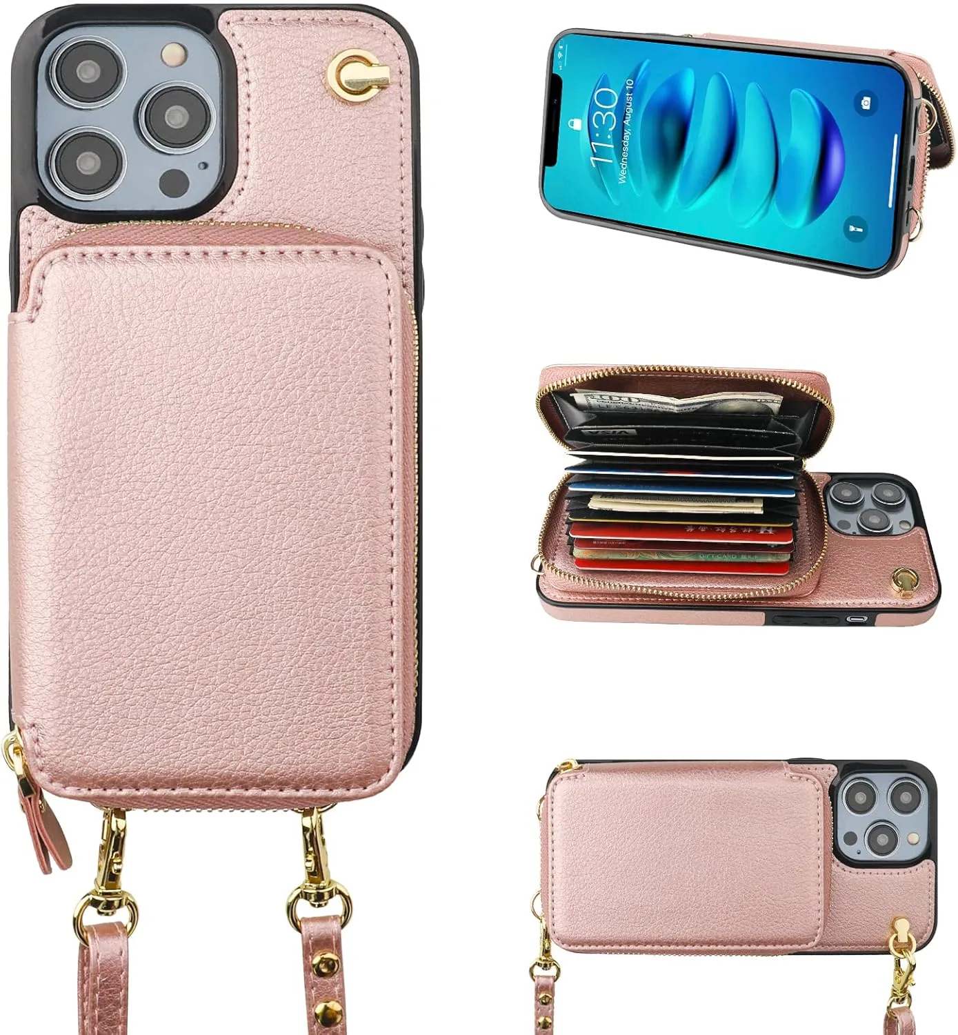 Bocasal Crossbody Wallet Case for iPhone 14 Pro Max, RFID Blocking Leather Purse Case with Card Holder, Protective Handbag Flip Cover with Zipper Wrist Strap Lanyard for Women 5G 6.7 Inch (Rose Gold)