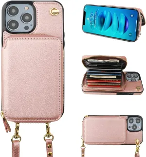 Bocasal Crossbody Wallet Case for iPhone 14 Pro Max, RFID Blocking Leather Purse Case with Card Holder, Protective Handbag Flip Cover with Zipper Wrist Strap Lanyard for Women 5G 6.7 Inch (Rose Gold)