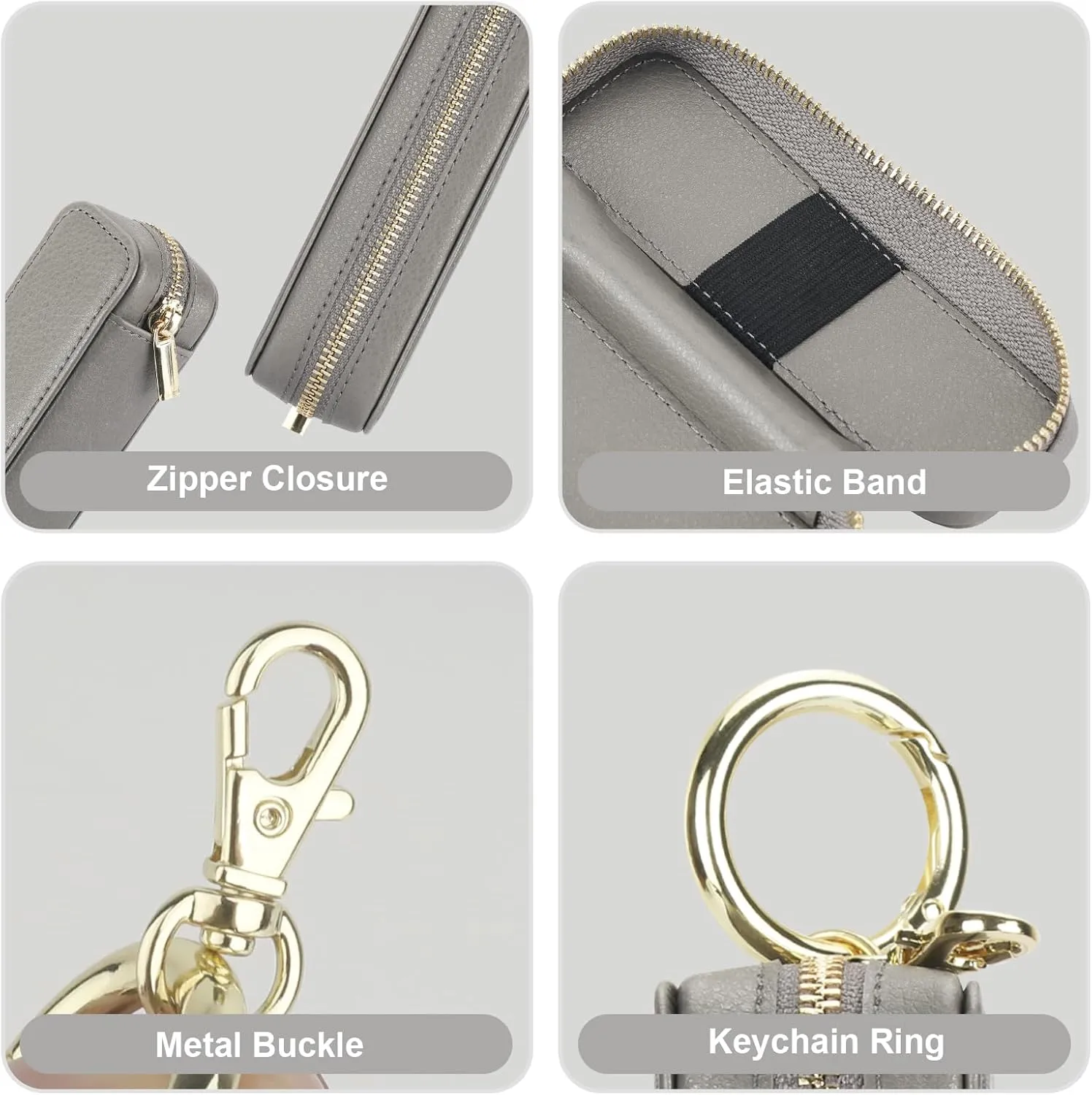 Bocasal Leather Lipstick Case Holder Chapstick Keychain Pouch, Zipper Lip Balm Lip Gloss Bag for Purse with Key Chain Elastic Band, Makeup Travel Organizer, Cosmetic Storage Kit for Women Girls (Grey)