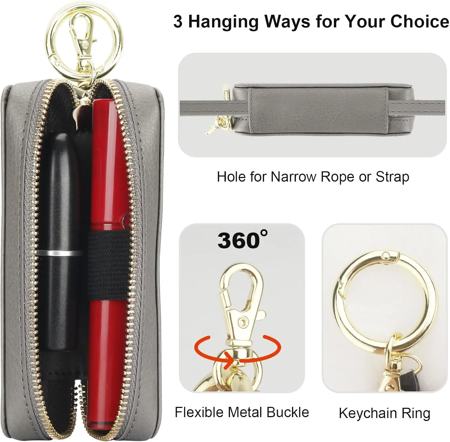 Bocasal Leather Lipstick Case Holder Chapstick Keychain Pouch, Zipper Lip Balm Lip Gloss Bag for Purse with Key Chain Elastic Band, Makeup Travel Organizer, Cosmetic Storage Kit for Women Girls (Grey)