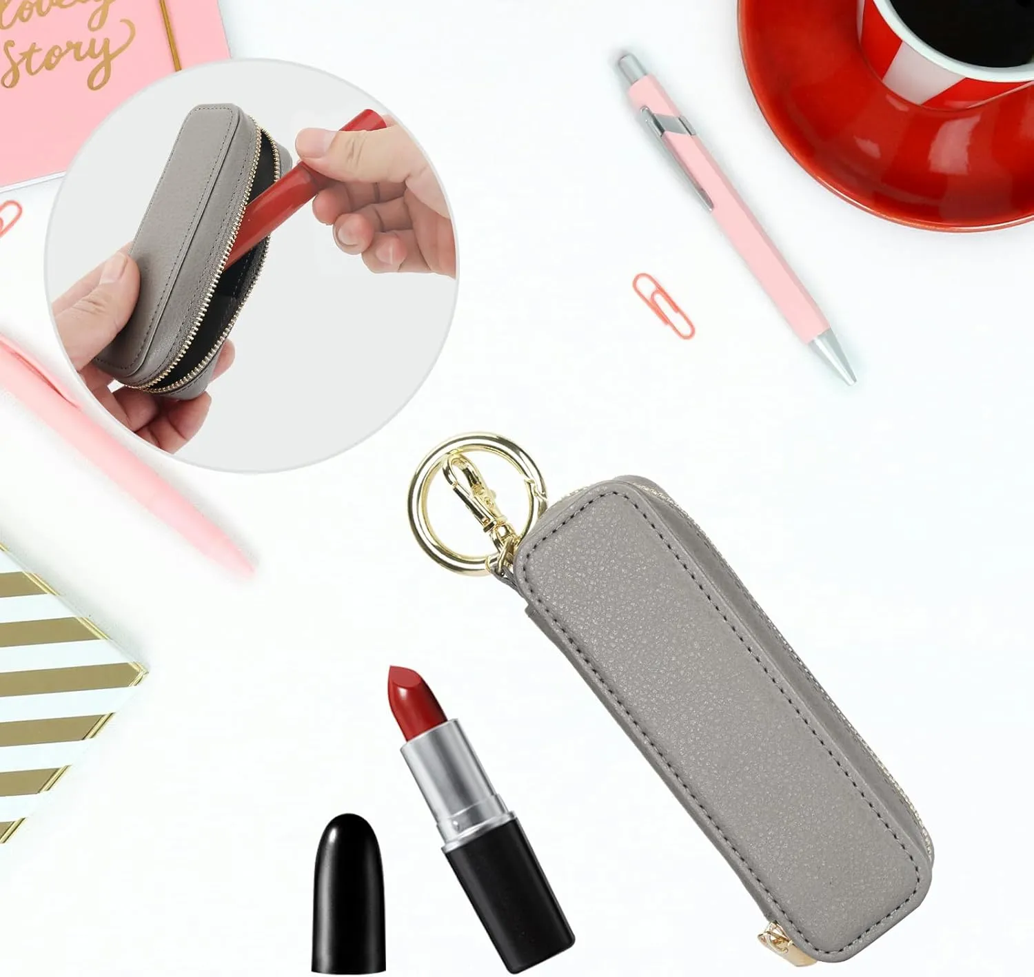 Bocasal Leather Lipstick Case Holder Chapstick Keychain Pouch, Zipper Lip Balm Lip Gloss Bag for Purse with Key Chain Elastic Band, Makeup Travel Organizer, Cosmetic Storage Kit for Women Girls (Grey)