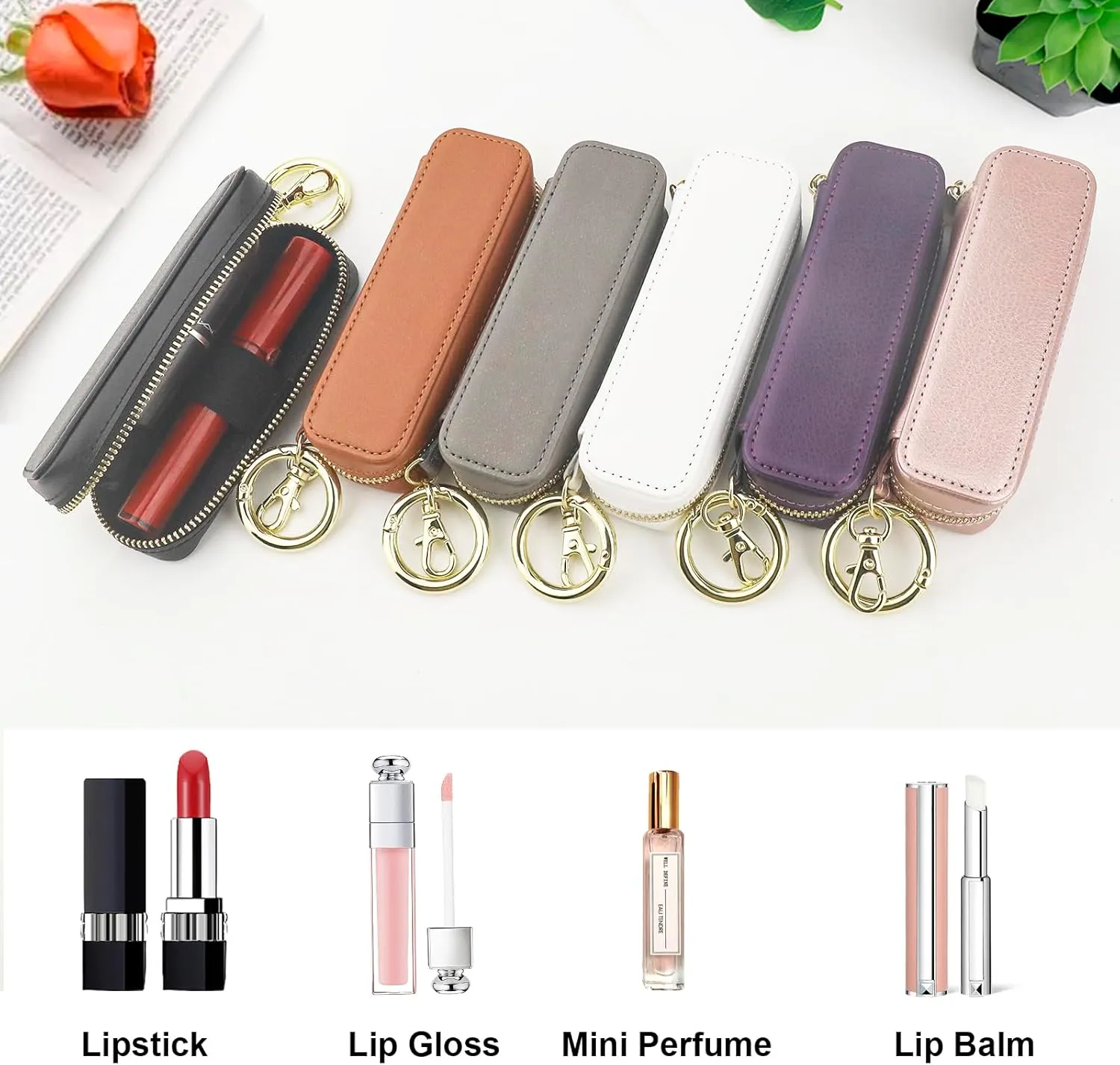 Bocasal Leather Lipstick Case Holder Chapstick Keychain Pouch, Zipper Lip Balm Lip Gloss Bag for Purse with Key Chain Elastic Band, Makeup Travel Organizer, Cosmetic Storage Kit for Women Girls (Grey)