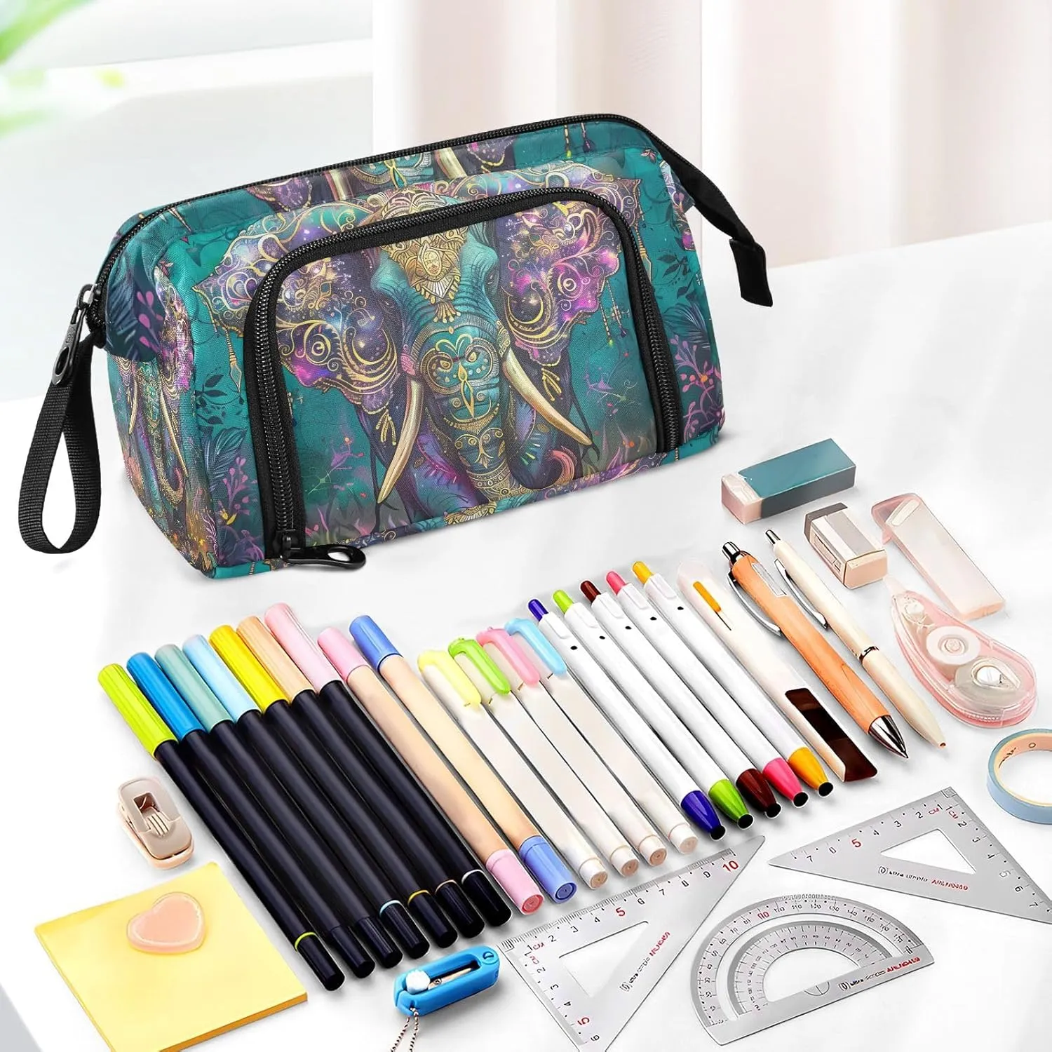 Bohemia Elephant Pencil Case Large Pencil Pouch Big Pencil Box Pen Bag Organizer Pencil Bags with Zipper for Adults Girls Kids Boys School 101