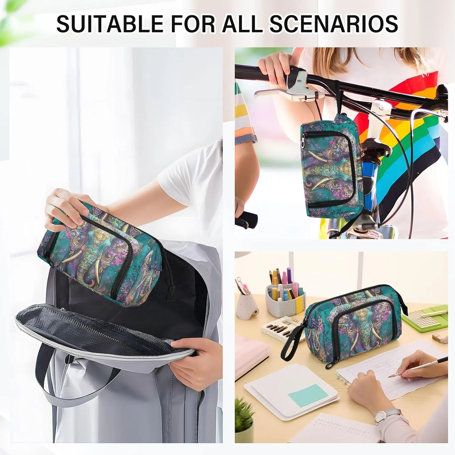 Bohemia Elephant Pencil Case Large Pencil Pouch Big Pencil Box Pen Bag Organizer Pencil Bags with Zipper for Adults Girls Kids Boys School 101