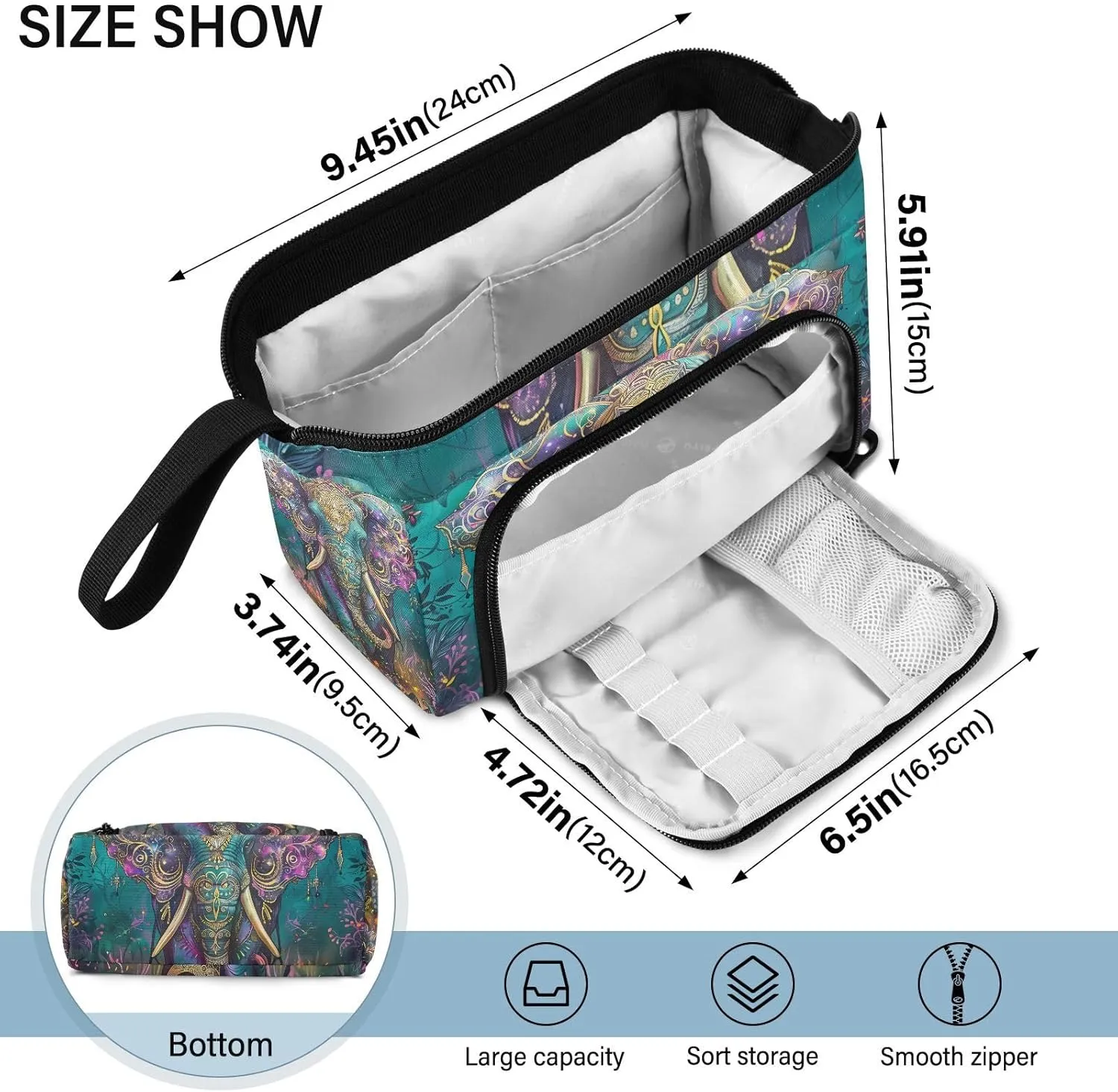 Bohemia Elephant Pencil Case Large Pencil Pouch Big Pencil Box Pen Bag Organizer Pencil Bags with Zipper for Adults Girls Kids Boys School 101