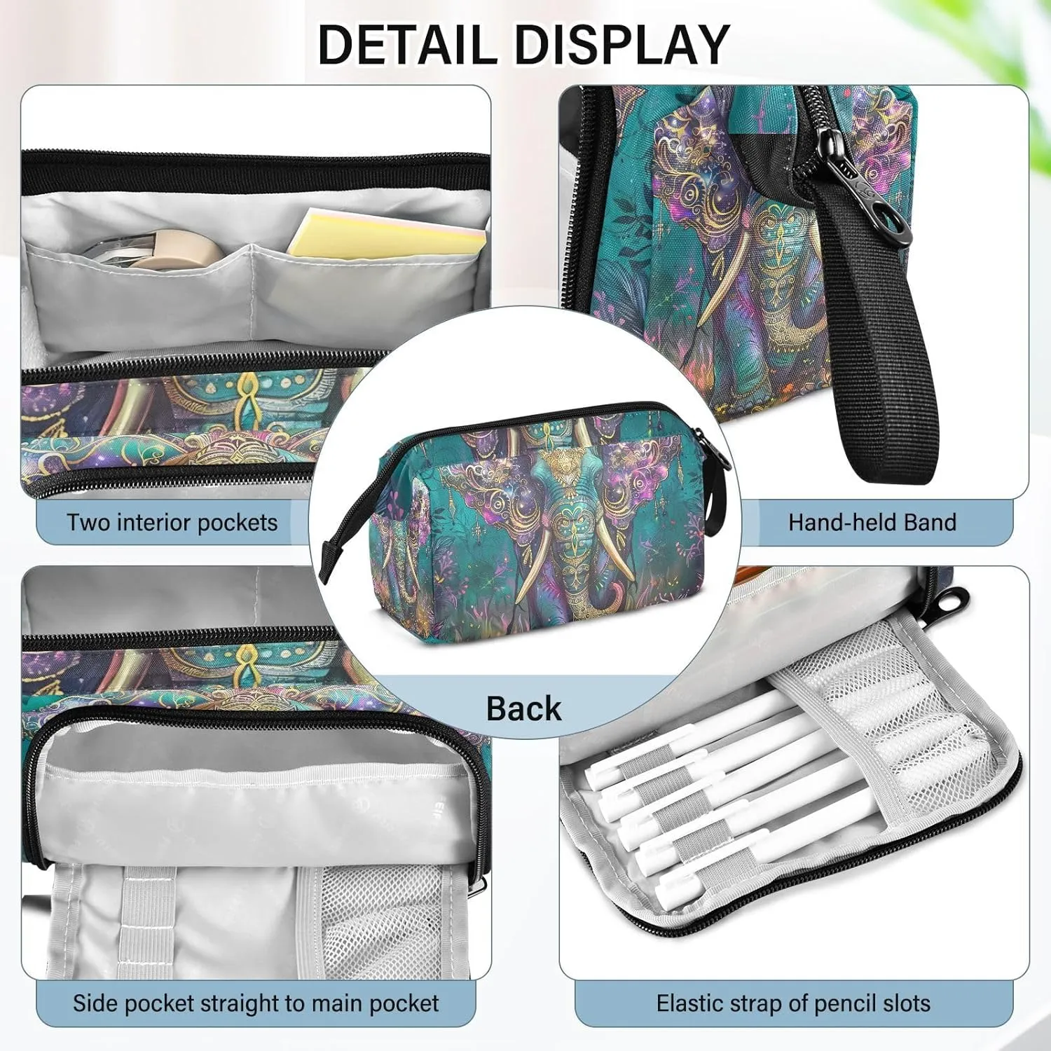 Bohemia Elephant Pencil Case Large Pencil Pouch Big Pencil Box Pen Bag Organizer Pencil Bags with Zipper for Adults Girls Kids Boys School 101