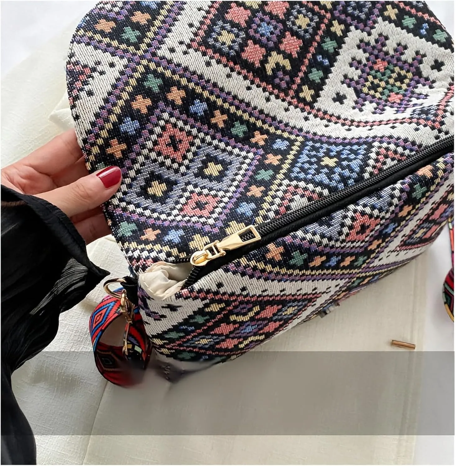 Bohemian Crossbody Bag, Ethnic Pattern with Tassels, Black and White Geometric Design