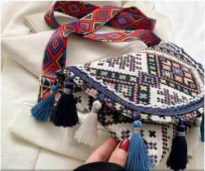 Bohemian Crossbody Bag, Ethnic Pattern with Tassels, Black and White Geometric Design