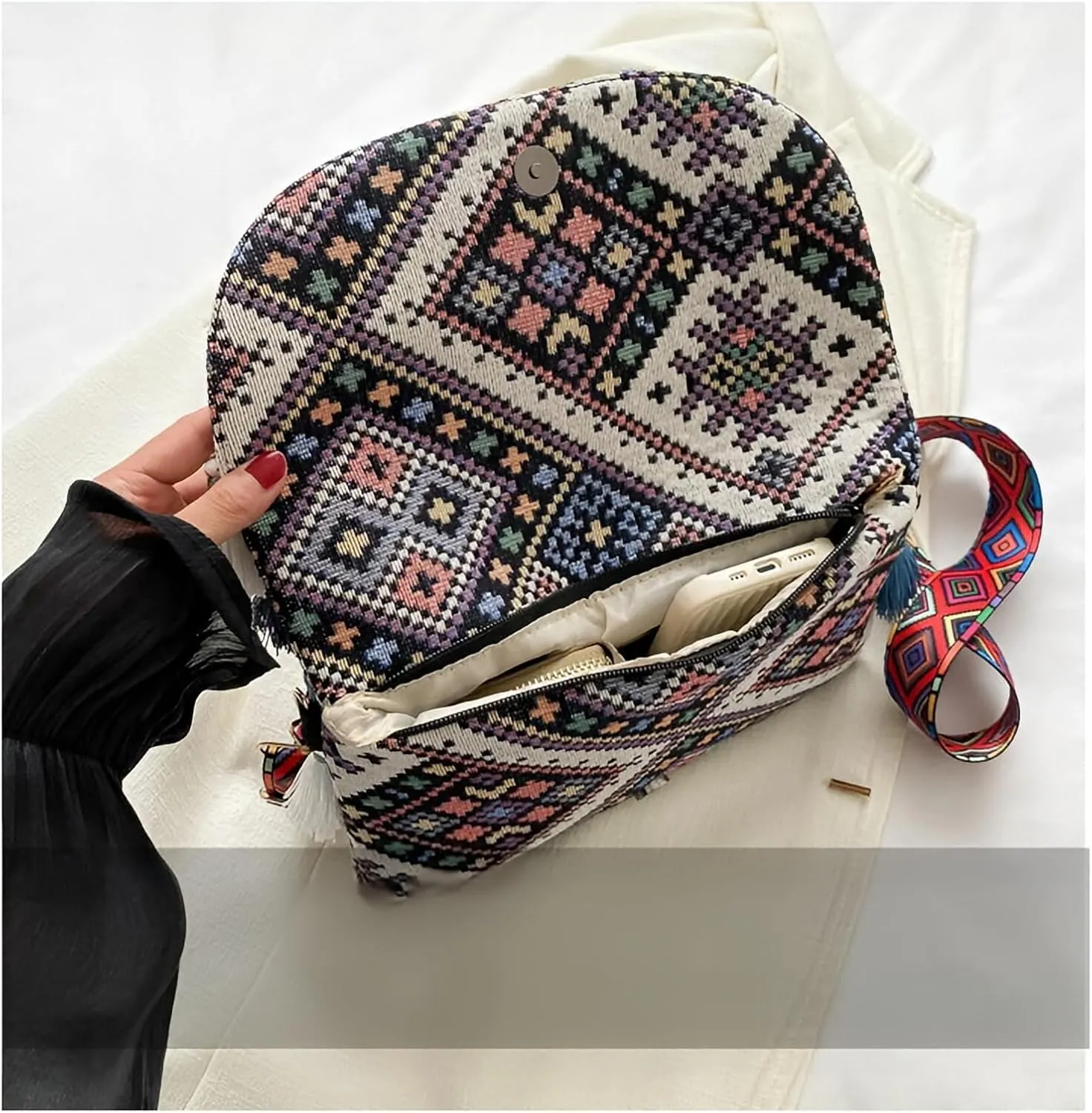 Bohemian Crossbody Bag, Ethnic Pattern with Tassels, Black and White Geometric Design