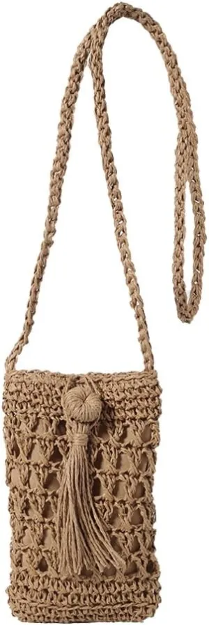 Bohemian Straw Bag for Women, Wear Resist Hollowed-Out Braid Bag Solid Color Stylish Knit Shoulder Bag Female Travel Commute Shoulder Bag