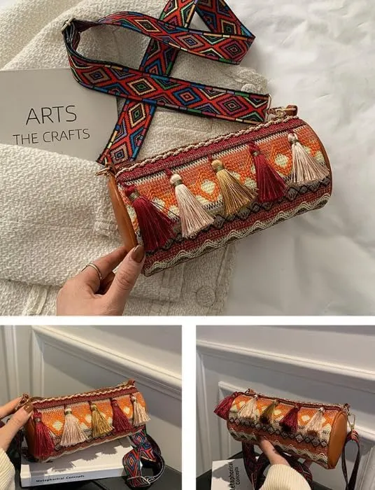 Boho Crossbody Bag with Tassels, Ethnic Pattern Shoulder Strap, Cylinder Shape, Multi-Color