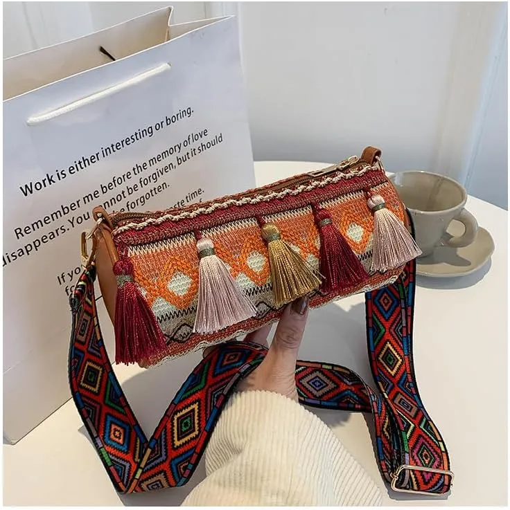Boho Crossbody Bag with Tassels, Ethnic Pattern Shoulder Strap, Cylinder Shape, Multi-Color
