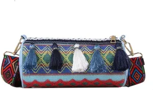 Boho Crossbody Bag with Tassels, Ethnic Pattern Shoulder Strap, Cylinder Shape, Multi-Color