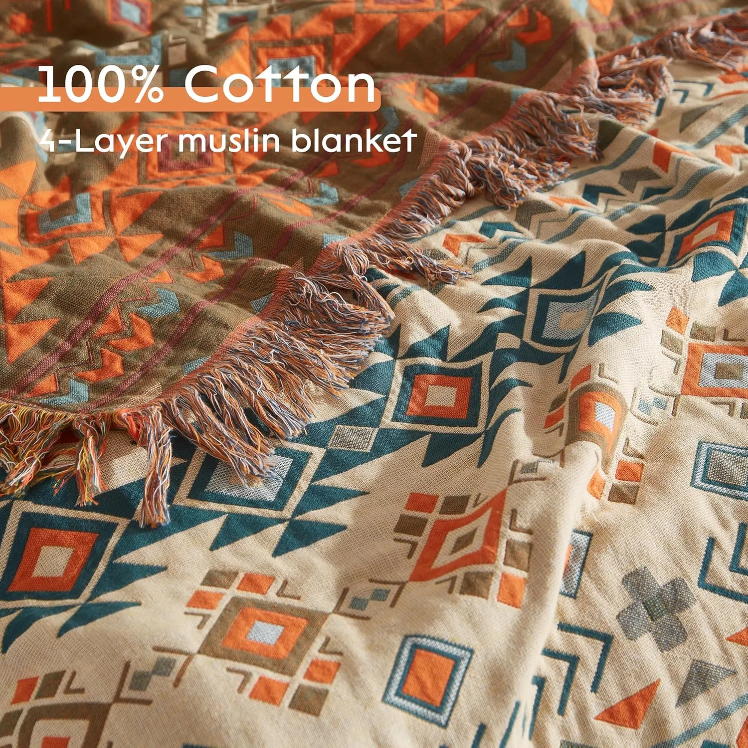 Boho Throw Blanket for Bed 80”x90”, 100% Cotton Woven Blanket for Couch Sofa, Ultra Soft 4-Layer Muslin Quilt with Diamond Pattern, Farmhouse Bed Blanket/Cover for Living Room Decor