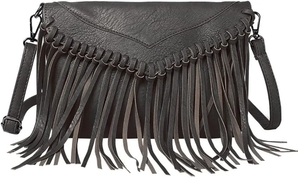 Boho Women's PU Leather Hobo Fringe Crossbody Tassel Purse Vintage Small Handbag (Black)