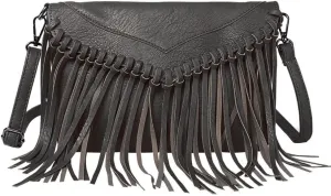 Boho Women's PU Leather Hobo Fringe Crossbody Tassel Purse Vintage Small Handbag (Black)