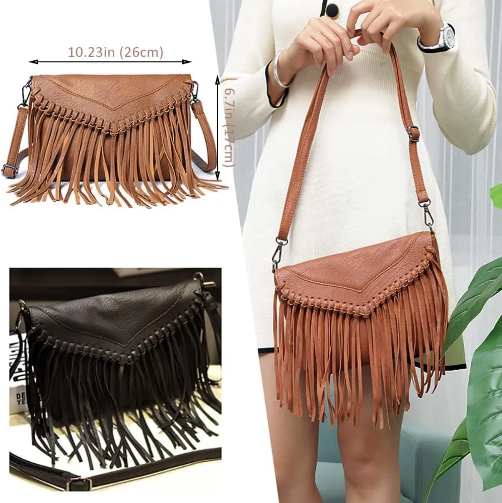Boho Women's PU Leather Hobo Fringe Crossbody Tassel Purse Vintage Small Handbag (Black)