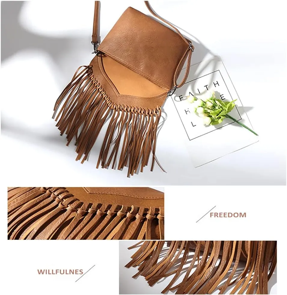 Boho Women's PU Leather Hobo Fringe Crossbody Tassel Purse Vintage Small Handbag (Black)
