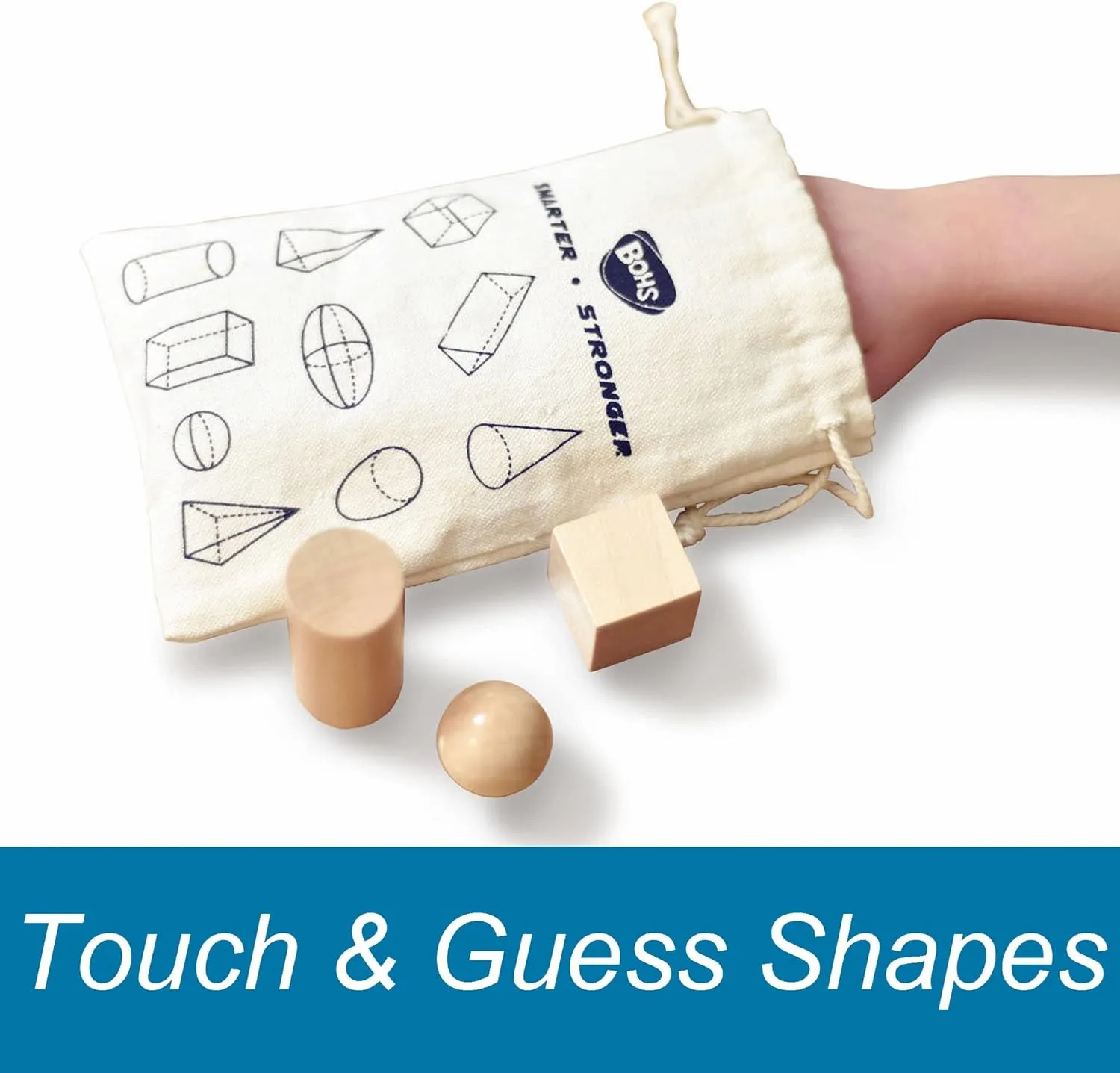 BOHS 3D Shapes Guess Game - 10 Sets Bulk Supplies - Solid Figures Geometry Miniature Set in Mystery Bag - Wooden Montessori Toys