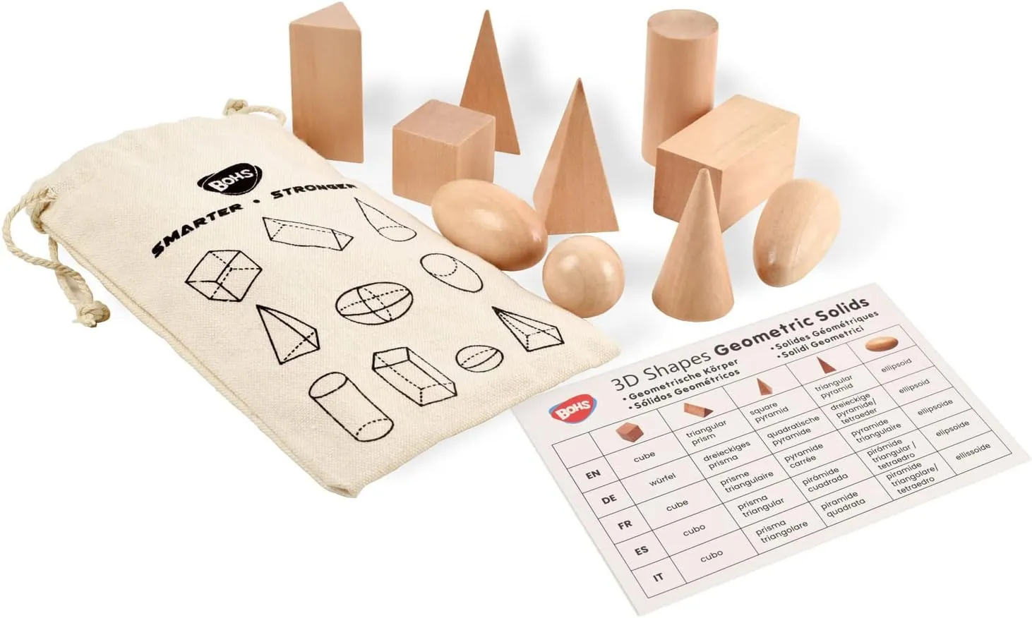 BOHS 3D Shapes Guess Game - 10 Sets Bulk Supplies - Solid Figures Geometry Miniature Set in Mystery Bag - Wooden Montessori Toys