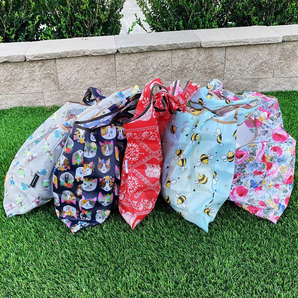 Bowbear Foldable Nylon Reusable Shopping Grocery Bag (Set of 2), Busy Bees