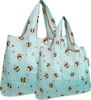 Bowbear Foldable Nylon Reusable Shopping Grocery Bag (Set of 2), Busy Bees
