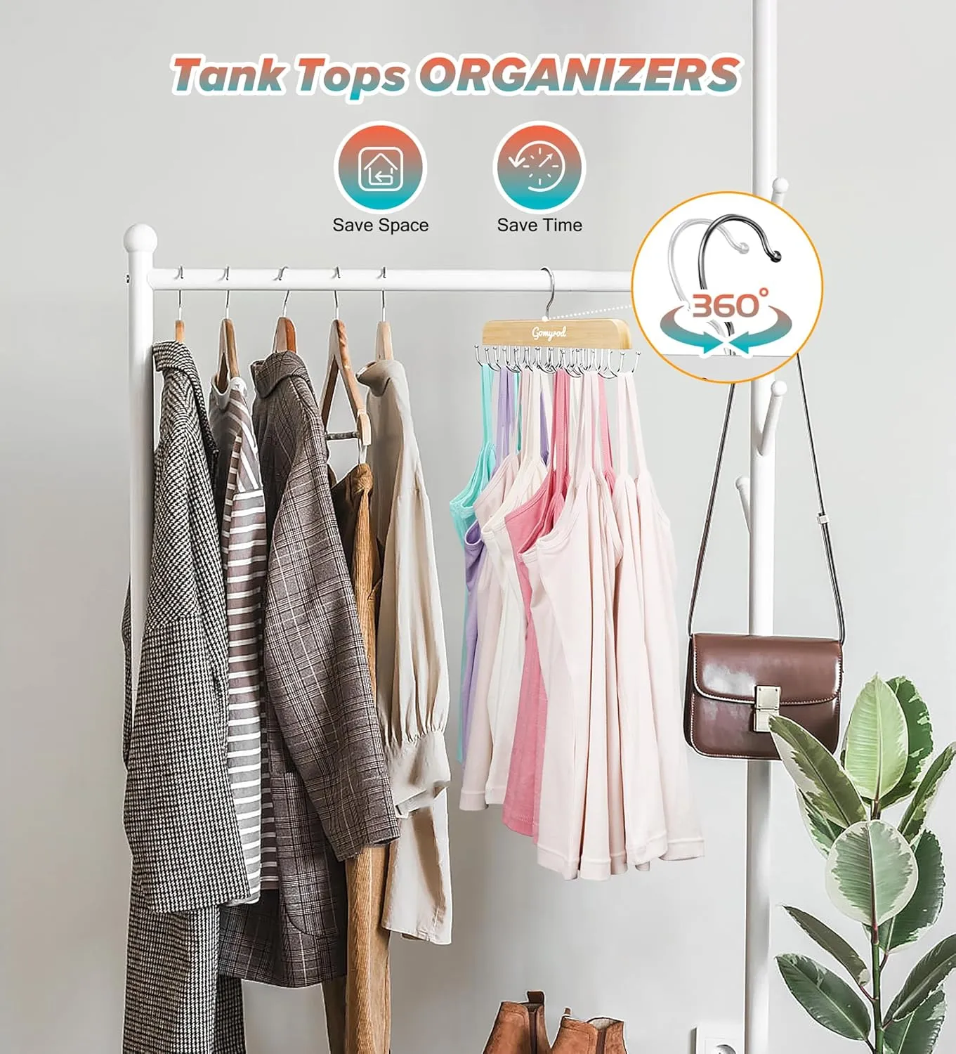 Bra Hanger for Closet, Tank Top Hangers 2 Pack w/20 Hooks Holds 40 Bras, Capacity Foldable Wood Space Saving Hanger, 360°Rotating Closet Organizers and Storage for Dorm & Apartment