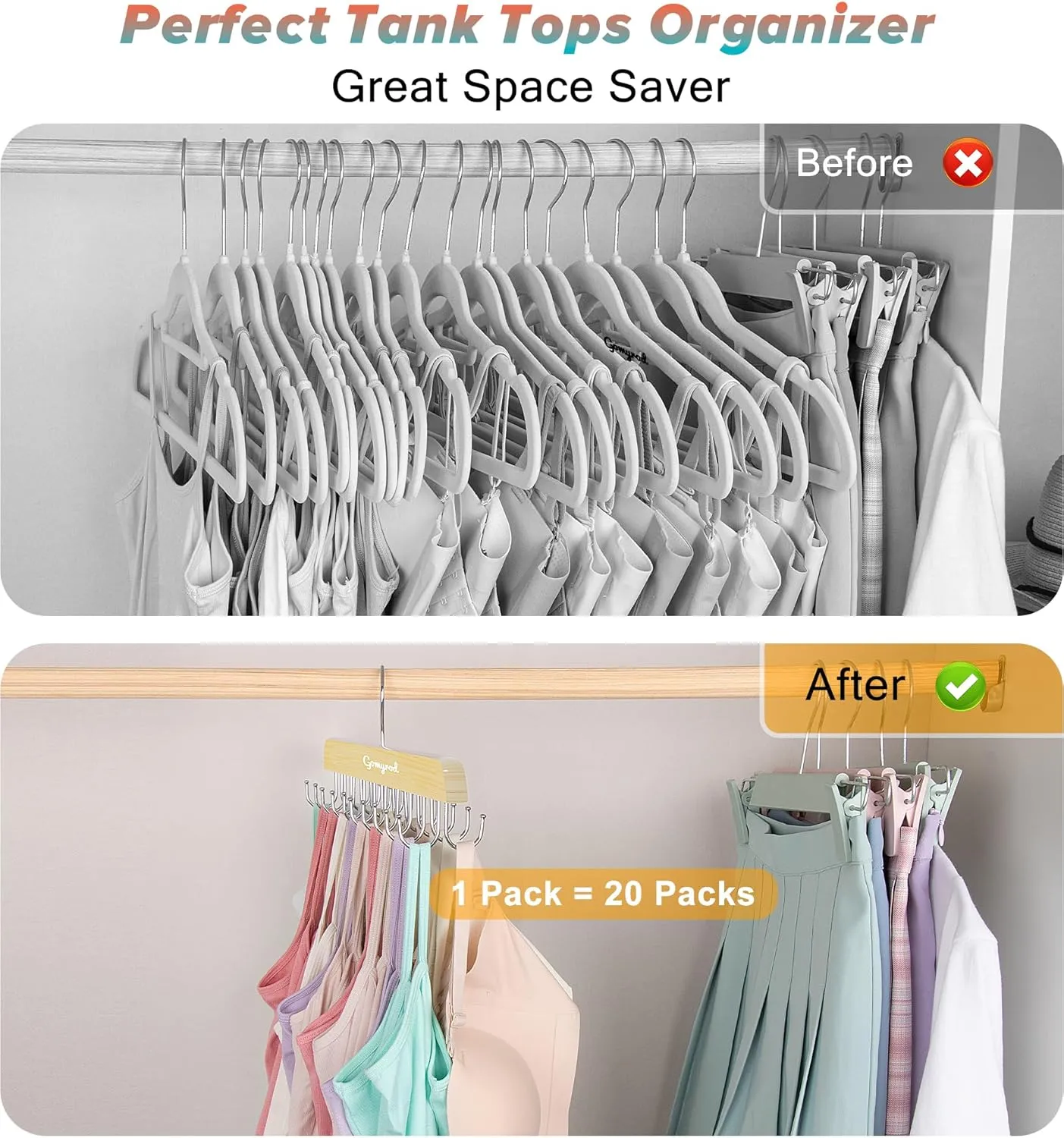Bra Hanger for Closet, Tank Top Hangers 2 Pack w/20 Hooks Holds 40 Bras, Capacity Foldable Wood Space Saving Hanger, 360°Rotating Closet Organizers and Storage for Dorm & Apartment