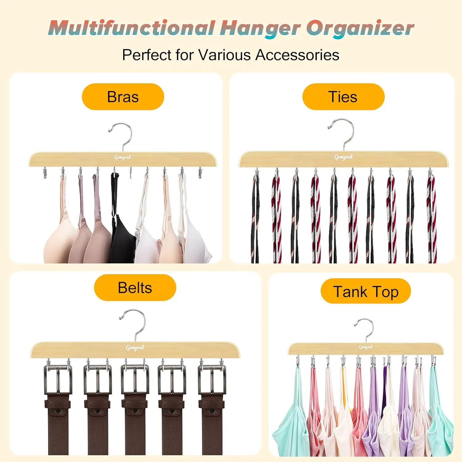 Bra Hanger for Closet, Tank Top Hangers 2 Pack w/20 Hooks Holds 40 Bras, Capacity Foldable Wood Space Saving Hanger, 360°Rotating Closet Organizers and Storage for Dorm & Apartment