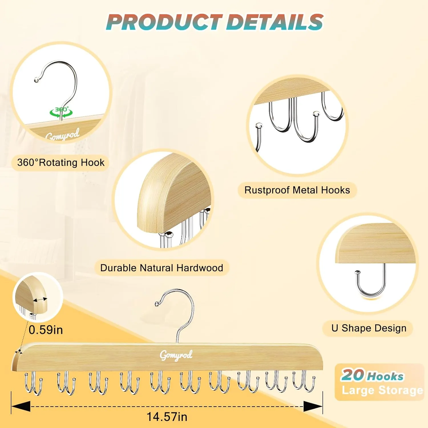 Bra Hanger for Closet, Tank Top Hangers 2 Pack w/20 Hooks Holds 40 Bras, Capacity Foldable Wood Space Saving Hanger, 360°Rotating Closet Organizers and Storage for Dorm & Apartment