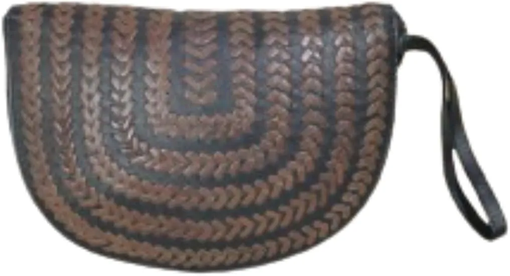 Braided Leather Wristlet Clutch Purse, Half Moon Design, Brown and Black
