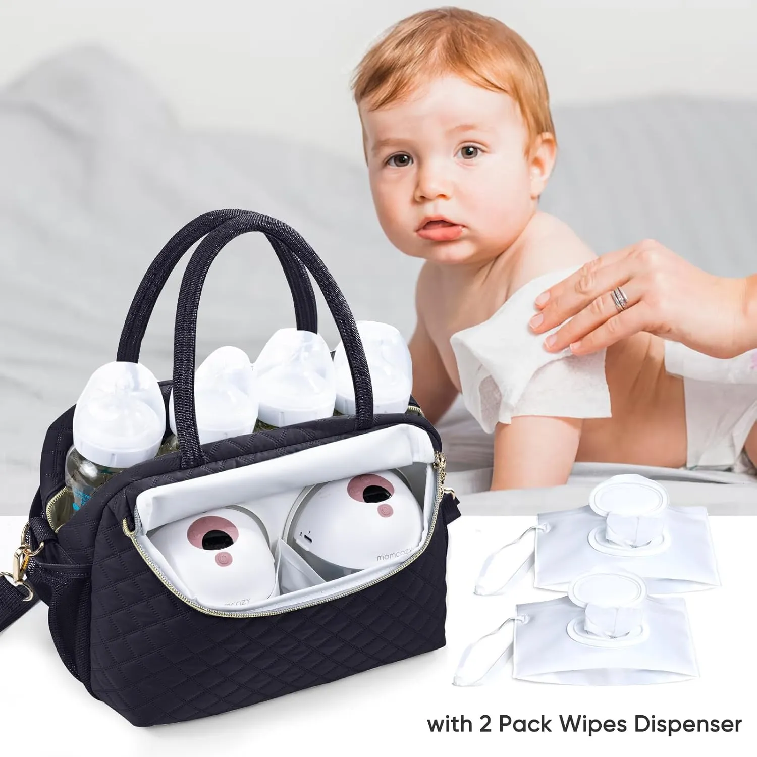 Breastmilk Cooler Travel Bag with 2pcs Wipes Dispensers and Ice Pack - Baby Bottle Cooler for 6 Bottles Up to 9 Ounce