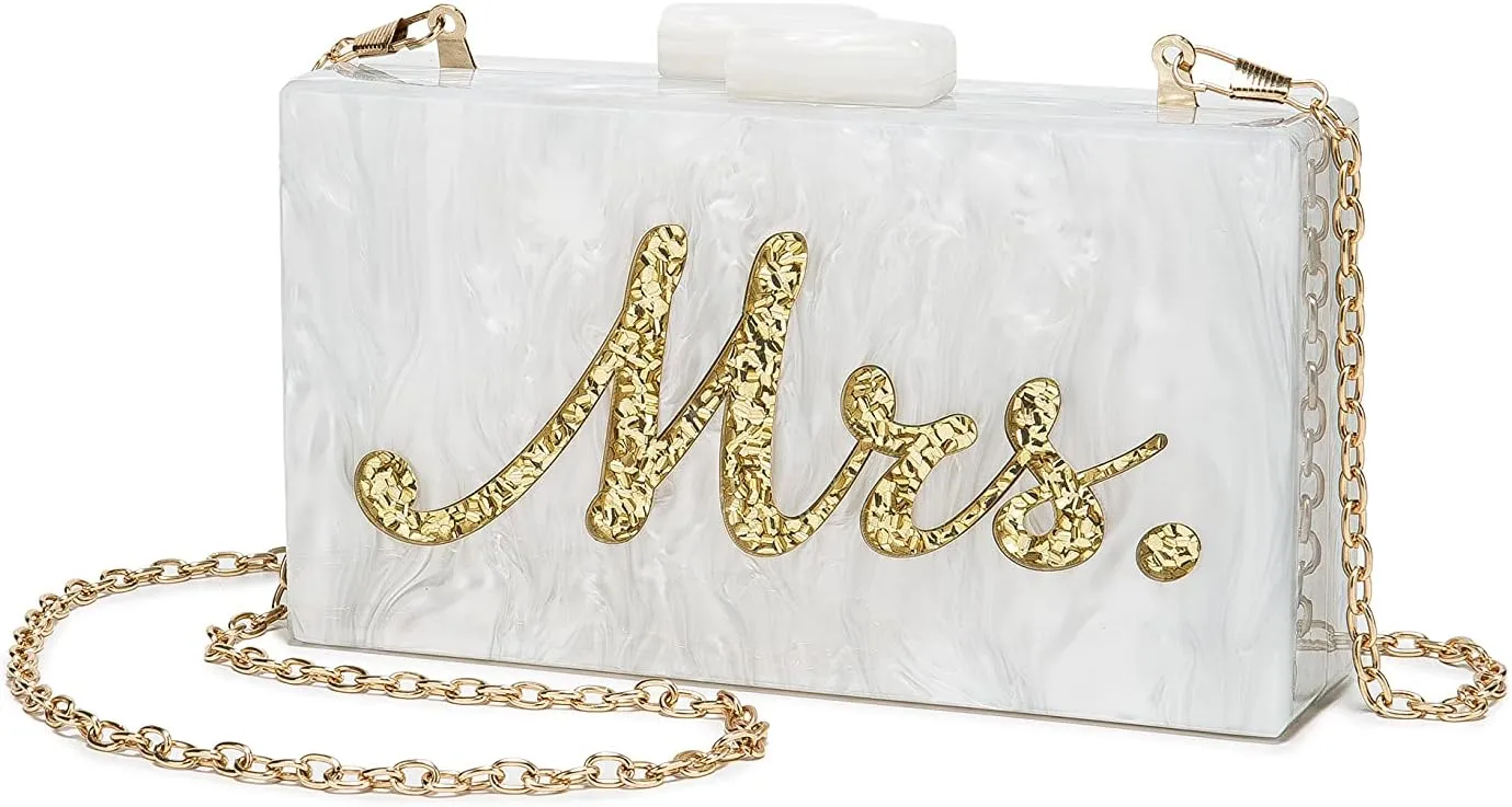 Bride Clutch Purse Acrylic MRS Evening Bag Handbag for Women Wedding Day Bridemaid Party Dinner Prom White 6.93"*1.77"*3.86"
