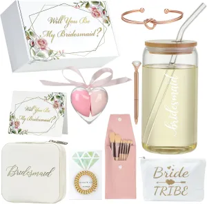 Bridesmaid Proposal Gifts box,will you be my bridesmaid Gifts box Set of 11 Goodies,16 oz Glass Cup,bridesmaid jewelry box,travel Cosmetic Makeup Bags Makeup Brushes Eggs Invited Cards