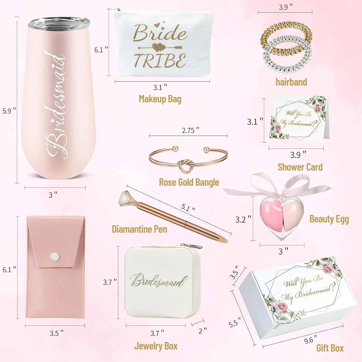 Bridesmaid Proposal Gifts Set - Will You Be My Bridesmaid 11 Goodies Bridal Shower Set With 6oz 304 Stainless Steel Cup, Travel Jewelry Box, Cosmetic Bags, Makeup Brushes, Eggs, and Invitation Cards